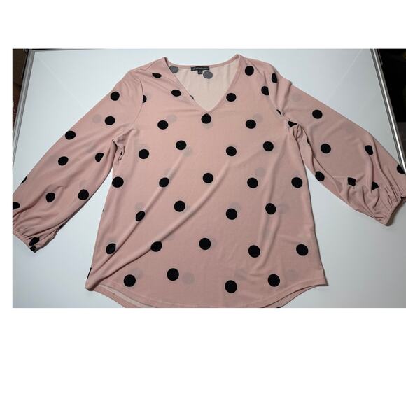Women M Pink Adrianna Papell v-neck 3/4 polka dot blouse top shirt work - Picture 1 of 7